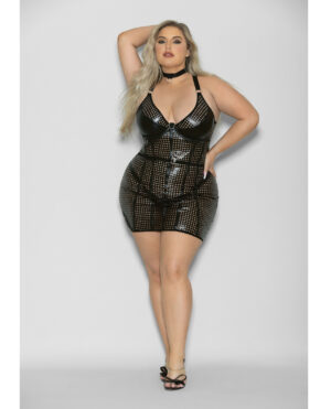 Flame FETISH Mistress Lasercut Lattice Chemise w/Choker & Thong Black 1X/2X