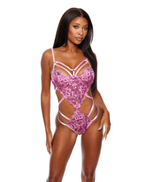 Strappy Floral Lace Teddy - Pink LG
