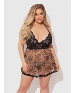 Felicia Mesh and Lace Babydoll w/G-String 2 pc Set - Leopard 1X/2X