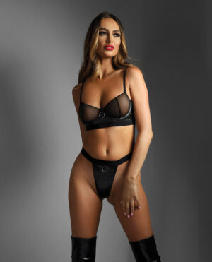 Edge Quilted Wetlook and Mesh Underwire Bra w/Crotchless Panty - Black L/XL