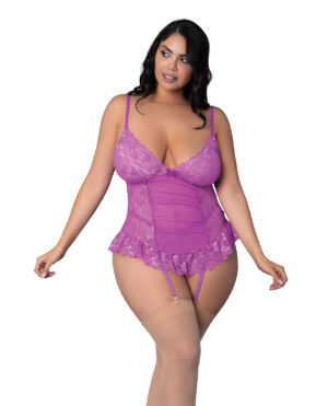 Butterfly Fantasies Gathered Corset w/Cheeky Panty & Attached Garters 2 pc Set - Neon Purple QN