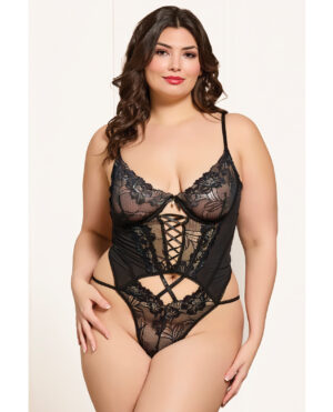Cross-Dye Lace and Mesh Underwire Teddy w/Hook and Eye Back Closure - Black 3X/4X
