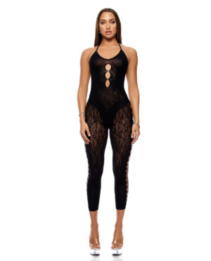 Cross Your Mind Capri Floral Knit Bodystocking w/Rhinestone Details - Black O/S
