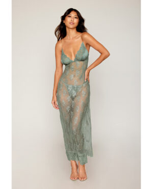 Eyelash Lace & Satin Long Chemise w/G-String - Sage Green LG