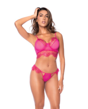 Scallop Lace and Mesh Underwire Bra w/Thong 2 pc Set - Pink L/XL