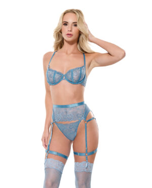 Floral Lace with Gold Hardware Underwire Bra w/Garter & Thong 3 pc Set - Blue SM