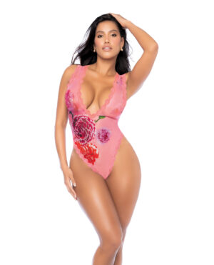 Lace Trimmed Floral Printed Mesh Teddy - Pink S/M