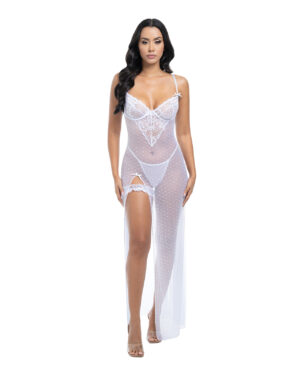 Livia Dot Mesh & Lace Underwire Gown & Garter 2 pc Set - White L/XL