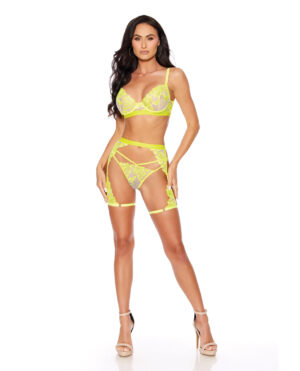 Embroidered Floral Lace Bra w/Thong & Chaps Blacklight Reactive 3 pc Set - Yellow LG