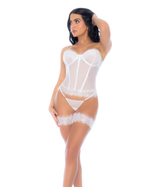 Strapless Lace-Up Bustier w/G-String & Leg Garters 4 pc Set - White S/M