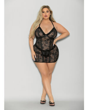 Flame FETISH Boss Lady Lace Up Back Chemise & Wide Band Thong Black 1X/2X