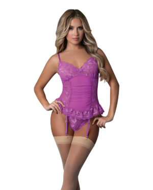 Butterfly Fantasies Gathered Corset w/Cheeky Panty & Attached Garters 2 pc Set - Neon Purple L/XL