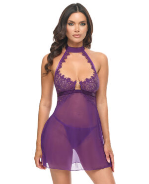 Kennedy Lace and Mesh Babydoll w/G-String 2 pc Set - Purple XL