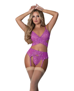 Butterfly Fantasies Cross Over Bralette w/Thong and Garter 3 pc Set - Neon Purple L/XL