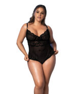 Shadow Stripe & Lace Teddy w/Hook & Eye Closure Black 2X/3X