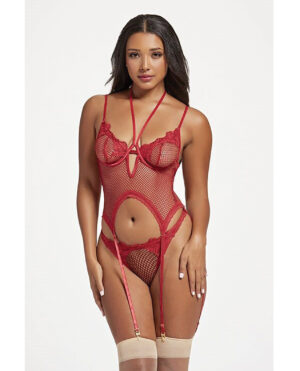 Stretch Mesh and Lace Cami w/Thong 2 pc Set - Red O/S