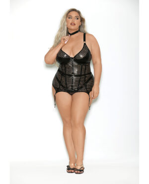 Flame FETISH Femme Fatale Lasercut Lattice Bustier w/Choker & Thong Black 1X/2X