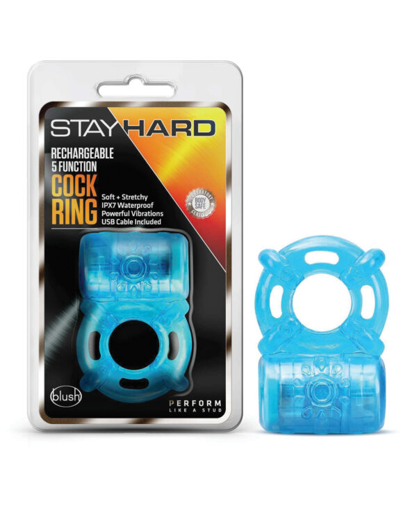 Blush Stay Hard Rechargeable 5 Function Cock Ring - Blue
