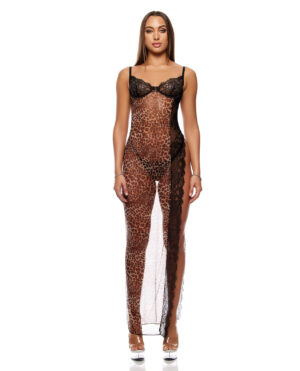 Animal Instincts Sheer Mesh and Lace Gown w/Thong 2 pc Set - Animal SM