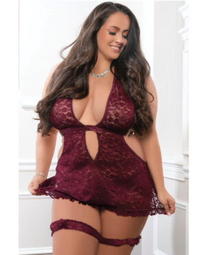 Apron Style Halter Mini Dress w/Thong & Lace Garters - Burgundy QN