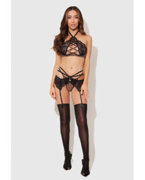 Felicia Mesh and Lace Bralette w/Garter & G-String 3 pc Set - Leopard LG