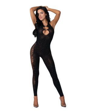 Seamless Halter Bodystocking w/Crystals - Black O/S