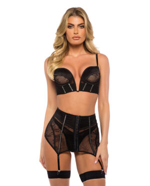 Belle Noir Chantilly Lace and Satin Garter Skirt 3 pc Set - Black MD