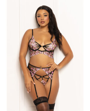 Floral Lace and Mesh Long Line Underwire Bra w/Garter & G-String - Black/Pink LG